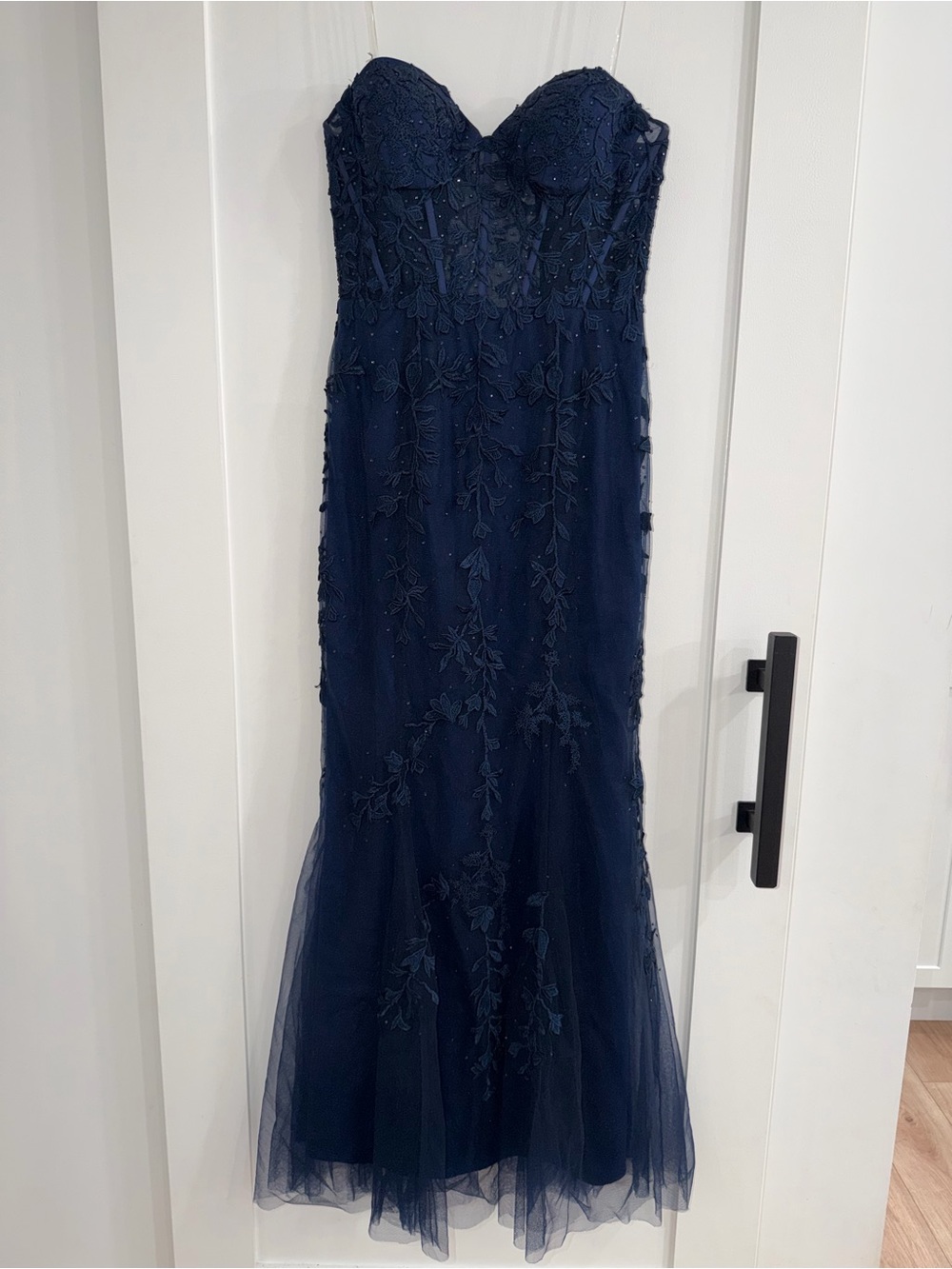 Stacees Navy Blue Lace Mermaid Formal Gown - Corset Back - Size 6